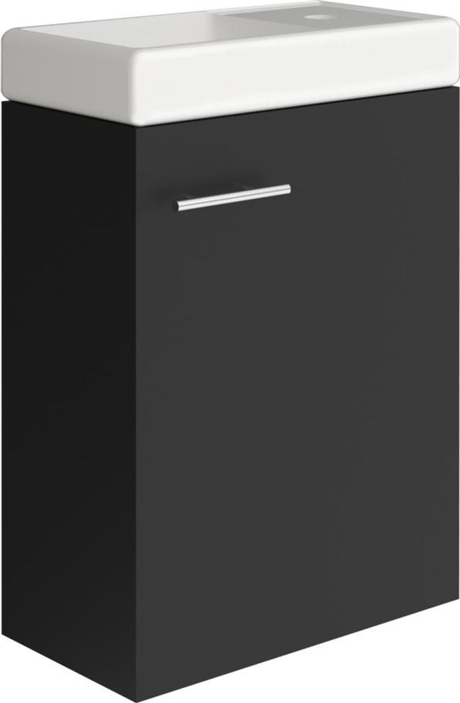 A black vanity unit with a white countertop, shown from a front-side angle against a white background.