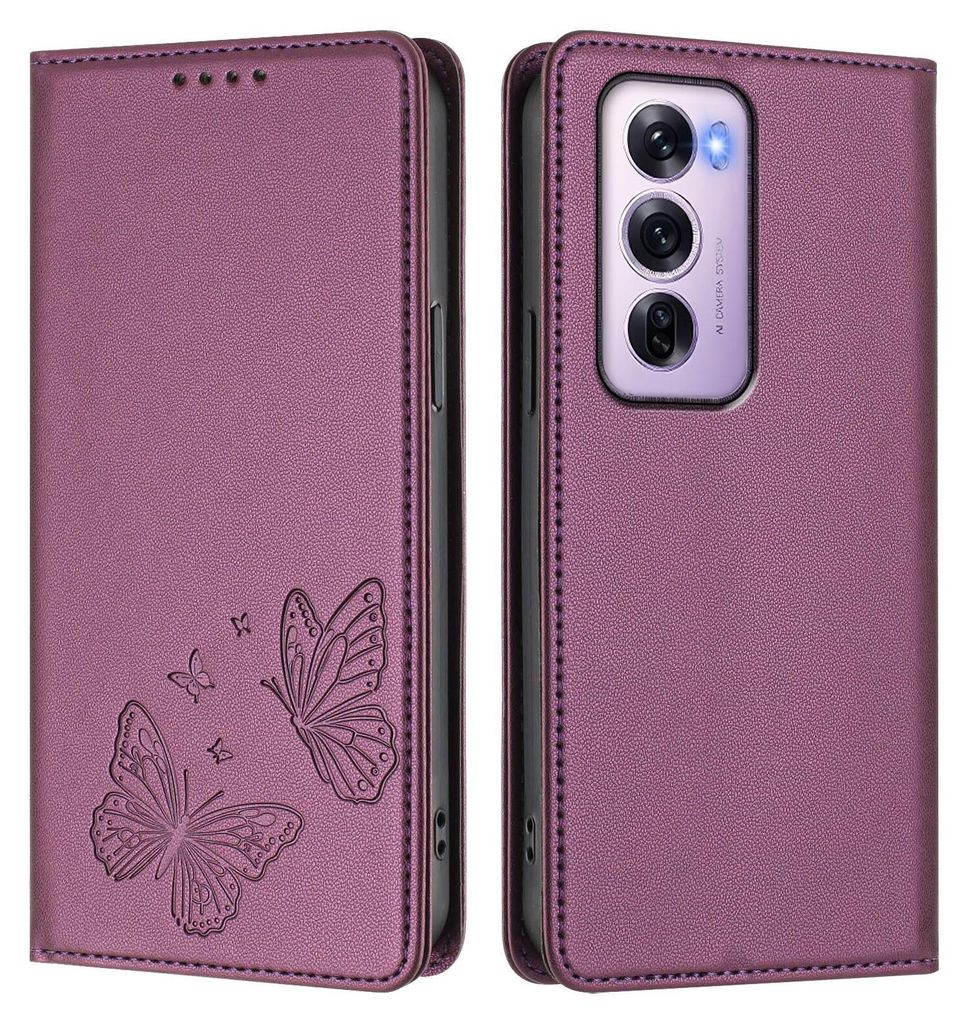 Lederhülle für Oppo Reno12 Pro 5G, Schmetterling Prägung Leder Brieftasche Schutzhülle mit Ständer Lila