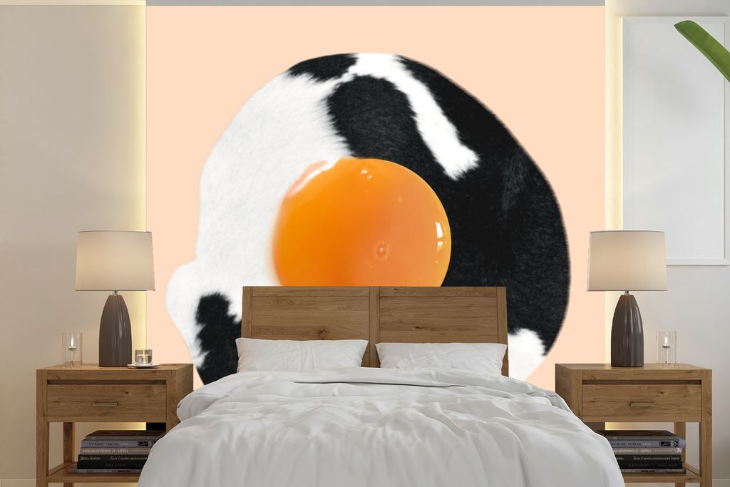 MuchoWow Fototapete für Wohnzimmer oder Schlafzimmer Wandtapete Vinyl Motivtapete Ei - Lebensmittel - Kuhdruck - Tiere - 350x350 cm - Schlafzimm...