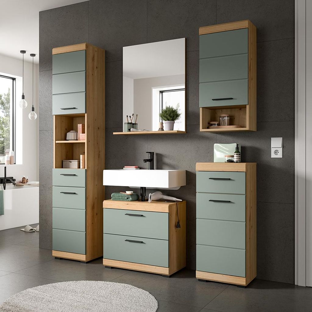 Badezimmer-Set 5-teilig in Artisan Eiche mit Salbei, mit Spiegel - SIROCO-158