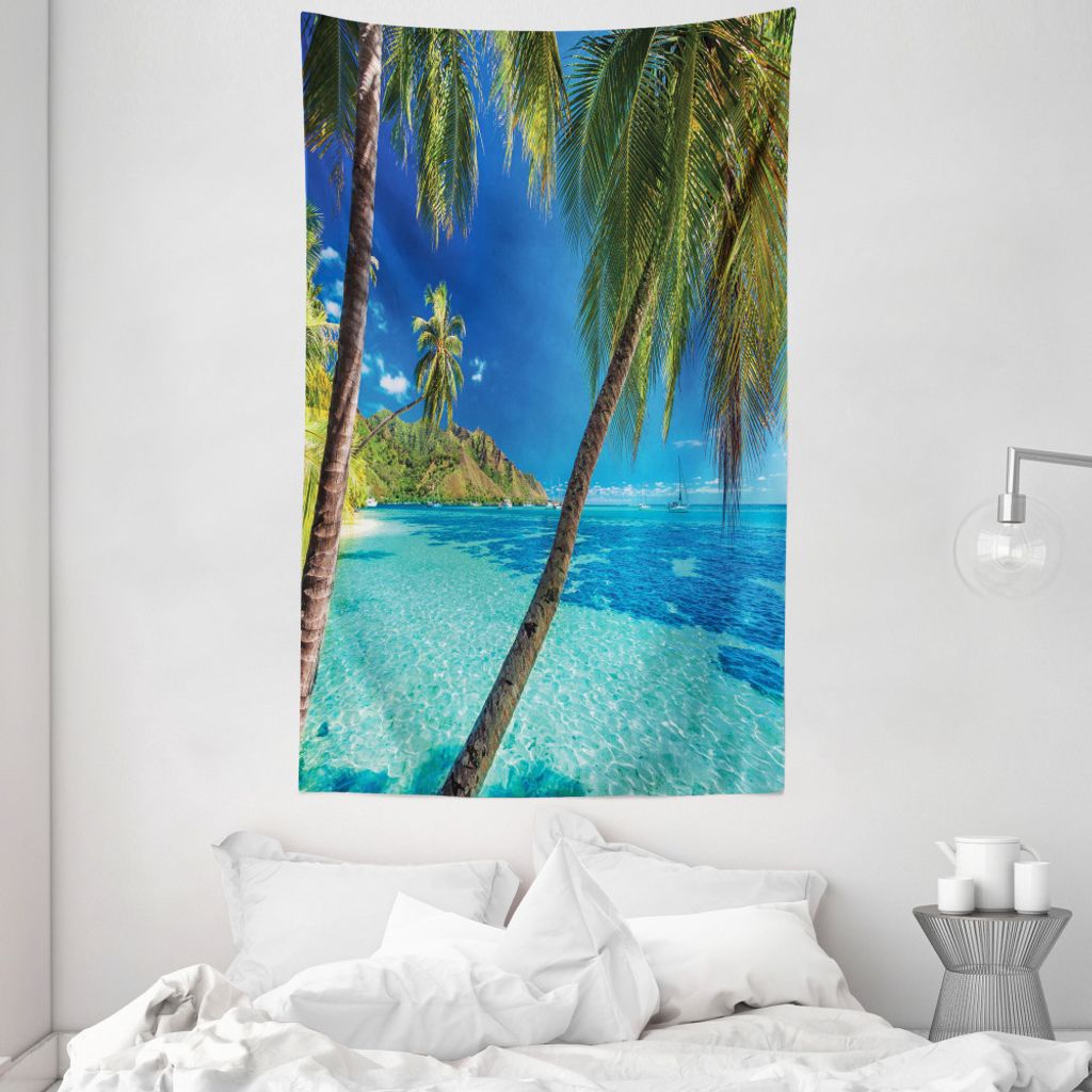 ABAKUHAUS Tropisch Wandteppich und Tagesdecke, Palmen, Meer, Strand aus Weiches Mikrofaser Stoff Waschbar ohne Verblassen Digitaldruck, 140 x 230 c...