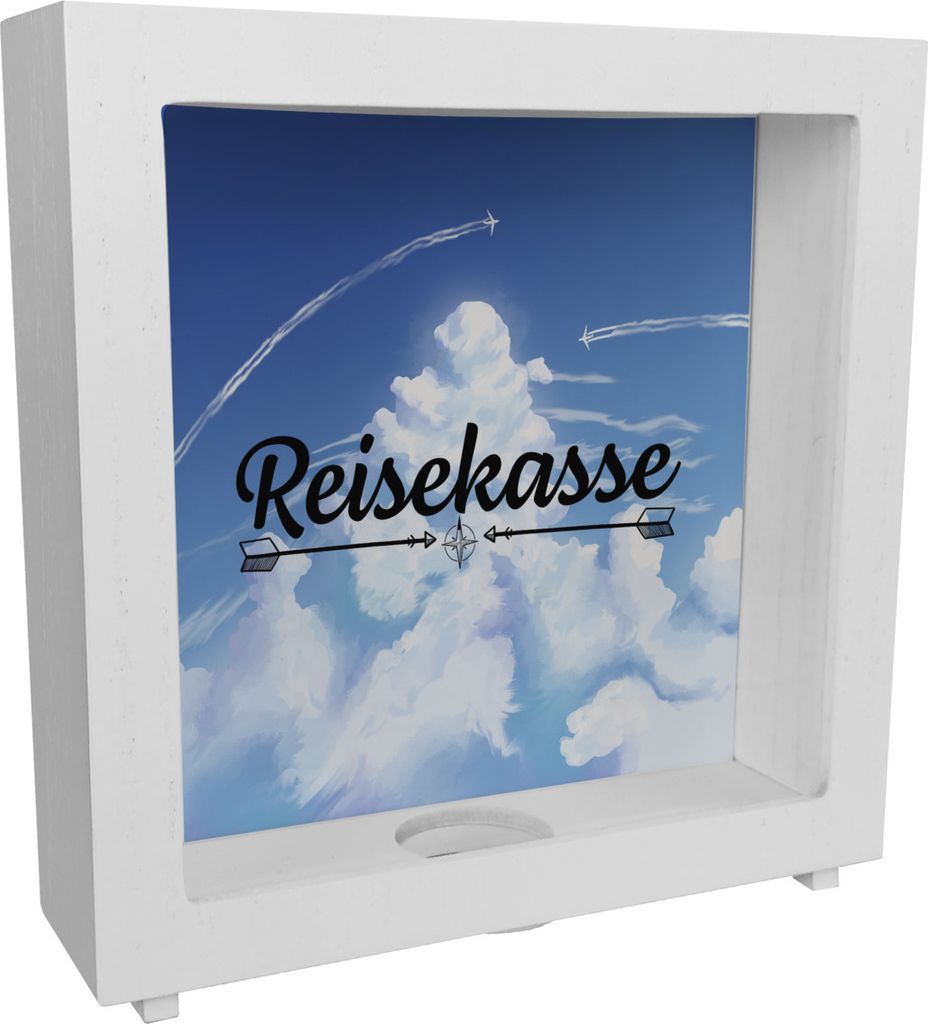 Reisekasse Rahmen Spardose aus Holz mit schönem Wolkenmotiv und Flugzeugen