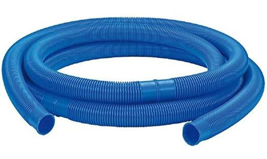 A coiled blue flexible hose on a white background.