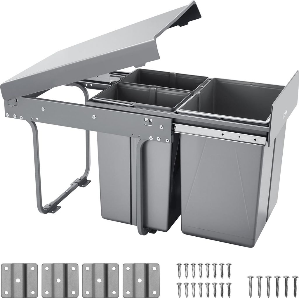A pull-out trash bin system with multiple compartments and a lid, shown with mounting hardware.