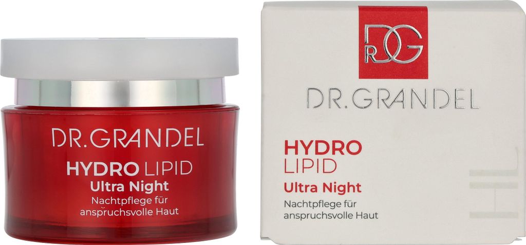 A product shot of a jar of Dr. Grandel Hydro Lipid Ultra Night cream and its packaging.