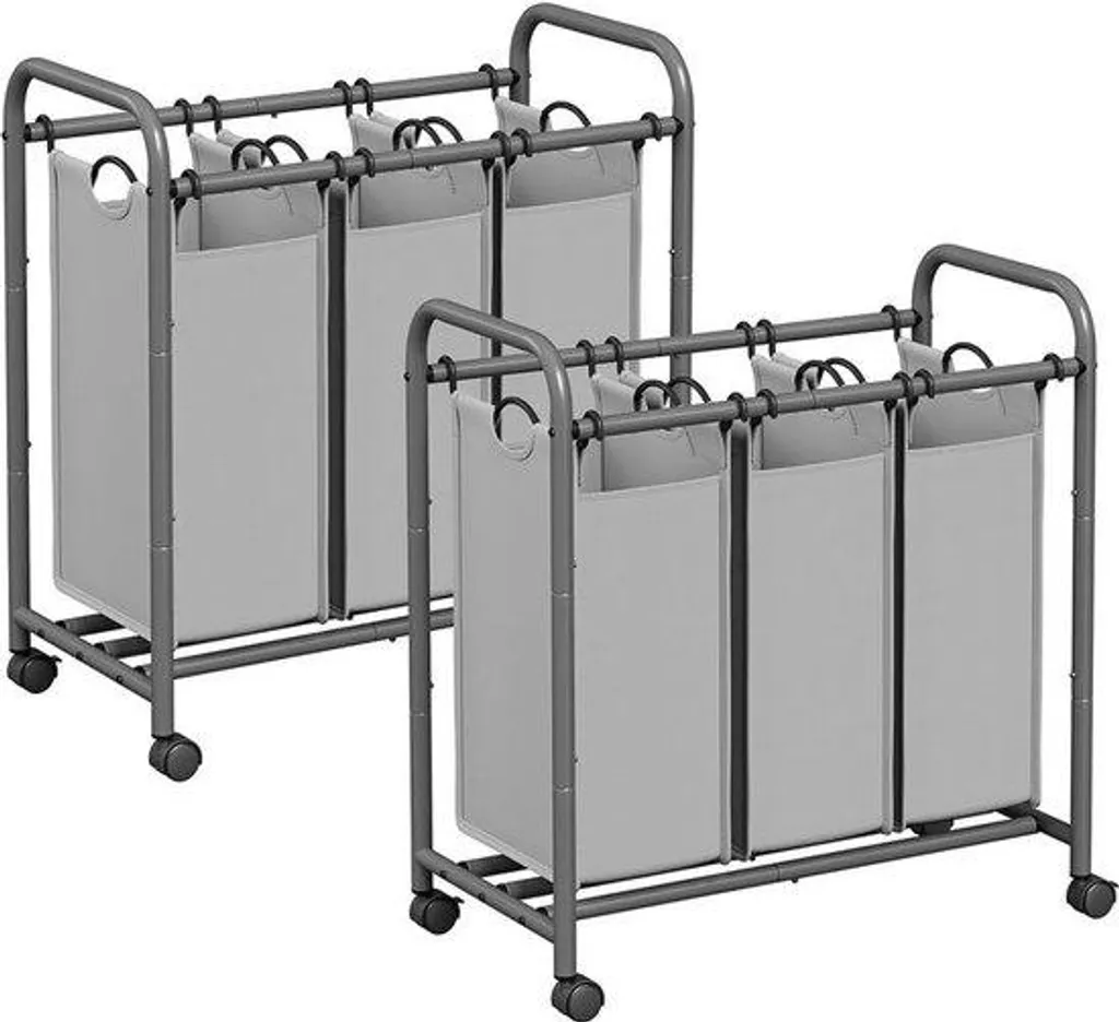Panier à linge gris sur roulettes avec freins - Lot de 3 grands bacs