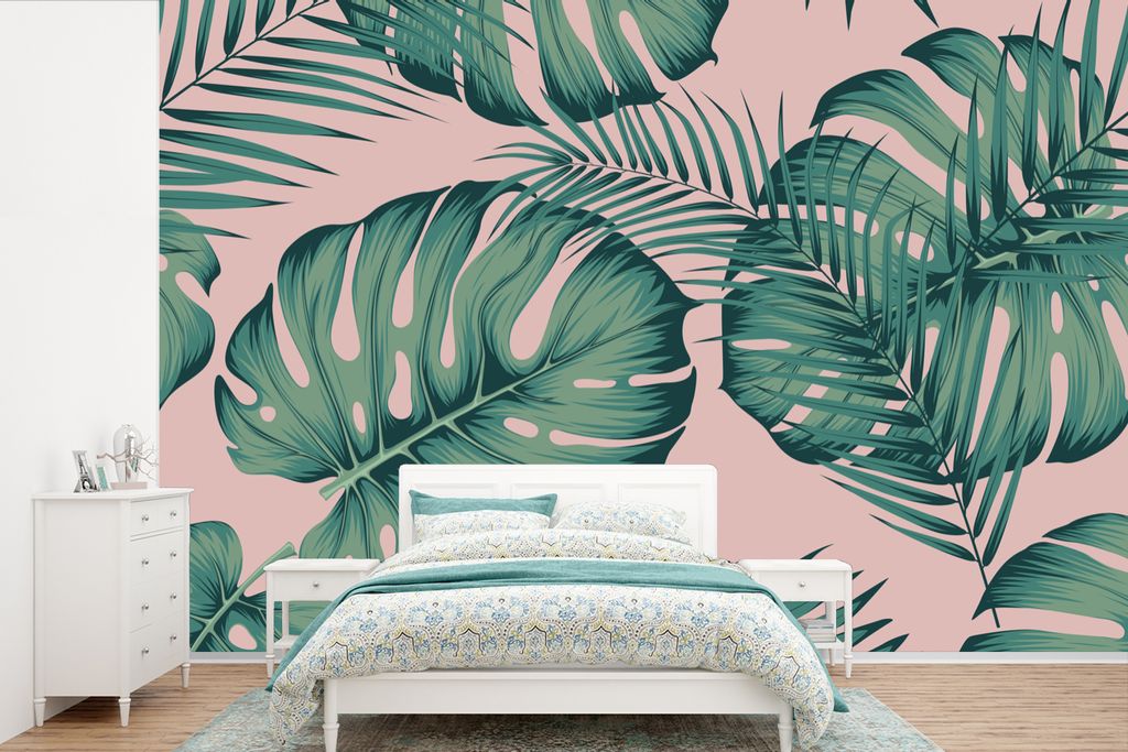 MuchoWow Fototapete für Wohnzimmer oder Schlafzimmer Wandtapete Vinyl Motivtapete Blätter - Rosa - Muster - Mädchen - Kinder - Grün - Kind - ...