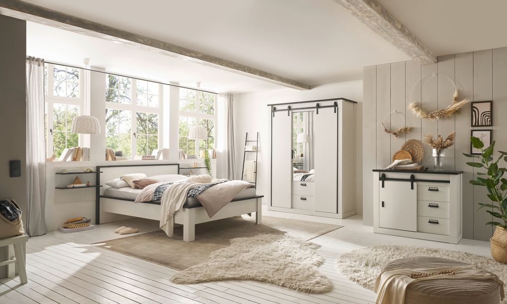 Schlafzimmer Set Stove in weiß komplett Set 5-teilig mit Bett und Kleiderschrank