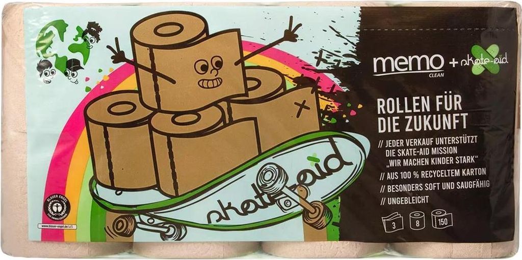 Recycling - Toilettenpapier + skate-aid 3lagig 8 Rollen 150Blatt