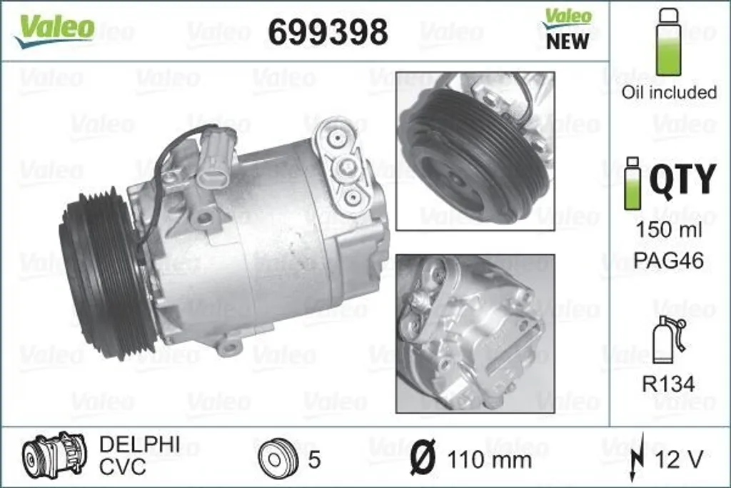 Compresseur de climatisation 12V VALEO 699398 robuste et fiable