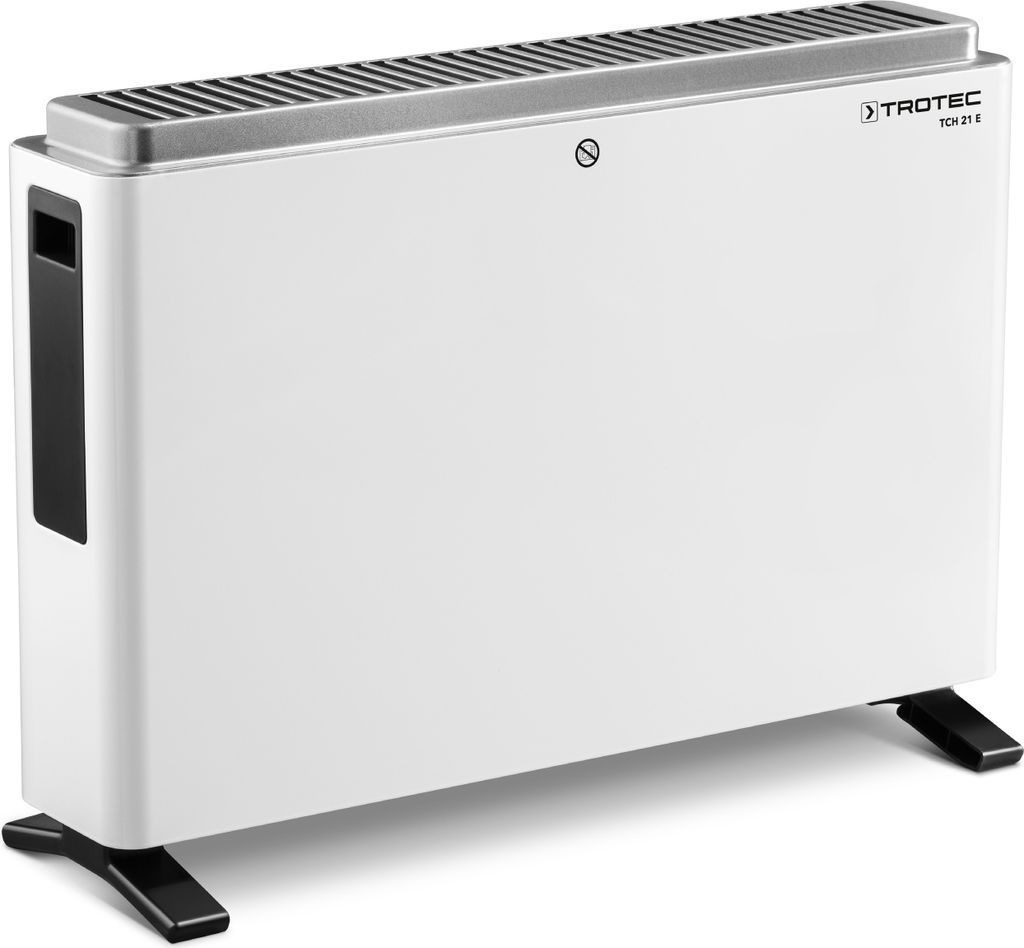 A white electric heater with a gray top and black feet, shown against a white background.