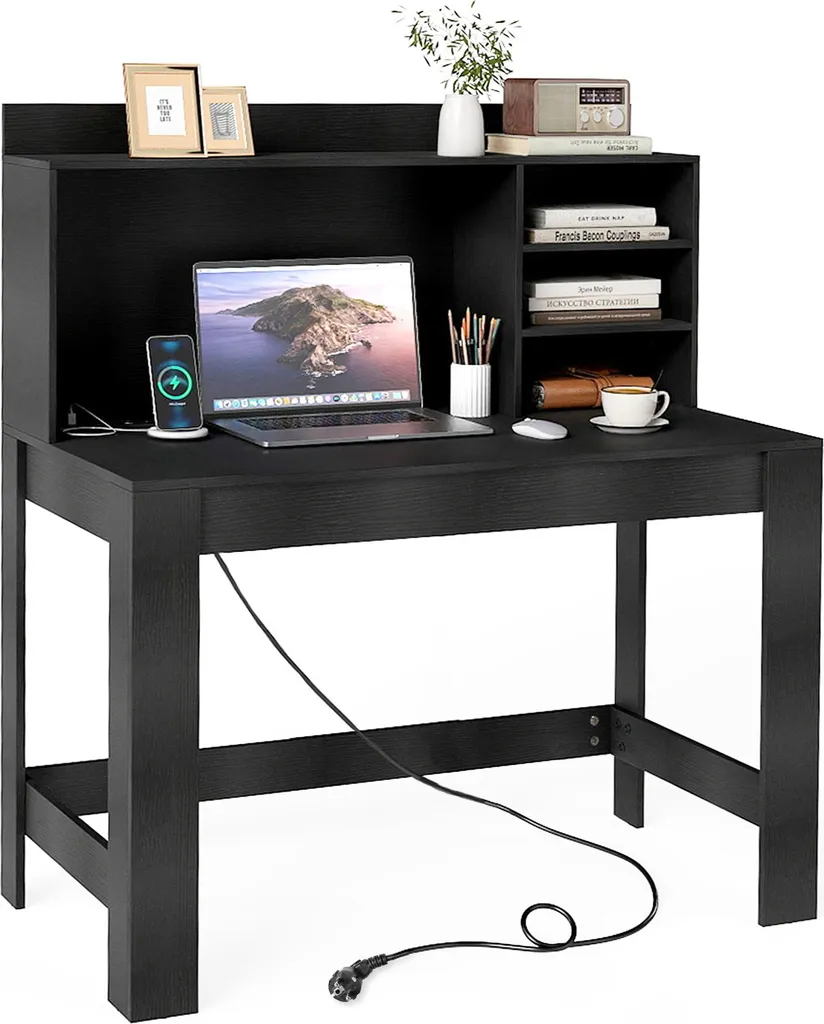 COSTWAY Bureau 108x60x125 cm Table d'Ordinateur Noir avec Prise