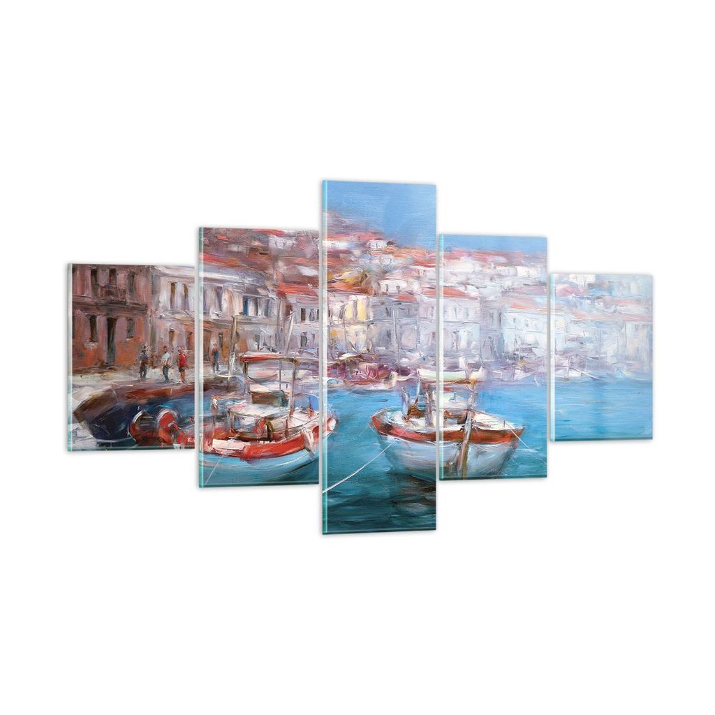 Bilder auf glas - 5 Teile - Öl Boote Griechenland - 125x70cm - Glasbilder - Wandbilder - Bilder - zum Aufhängen bereit - Wanddekoration aus Glas ...