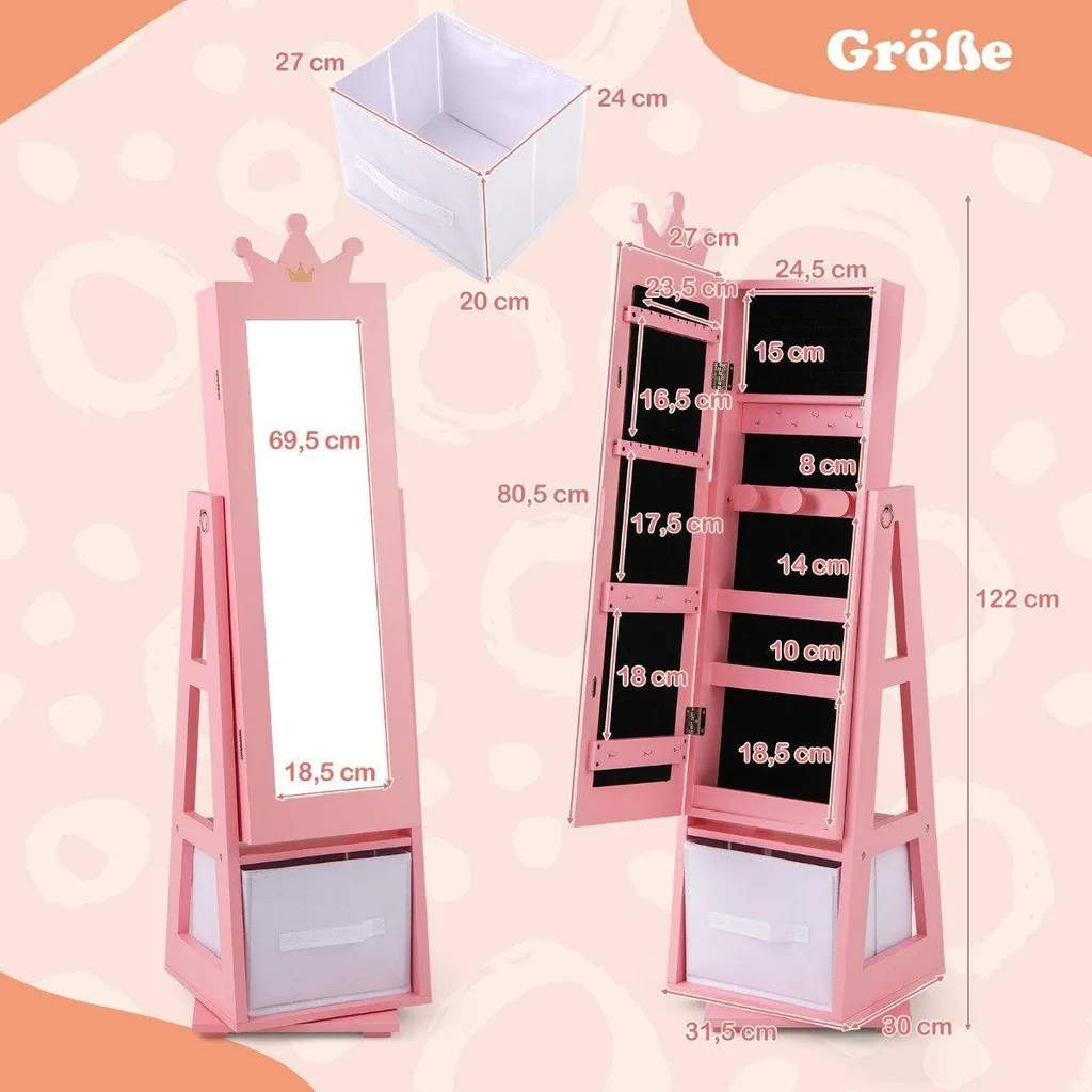 Armoire bijoux rose enfant gain de place miroir inclinable antichoc
