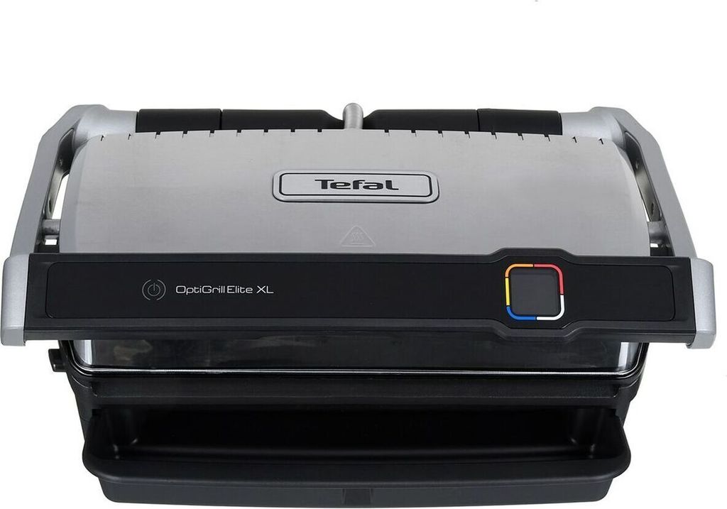 A close-up, front-facing view of a Tefal OptiGrill Elite XL contact grill against a white background.