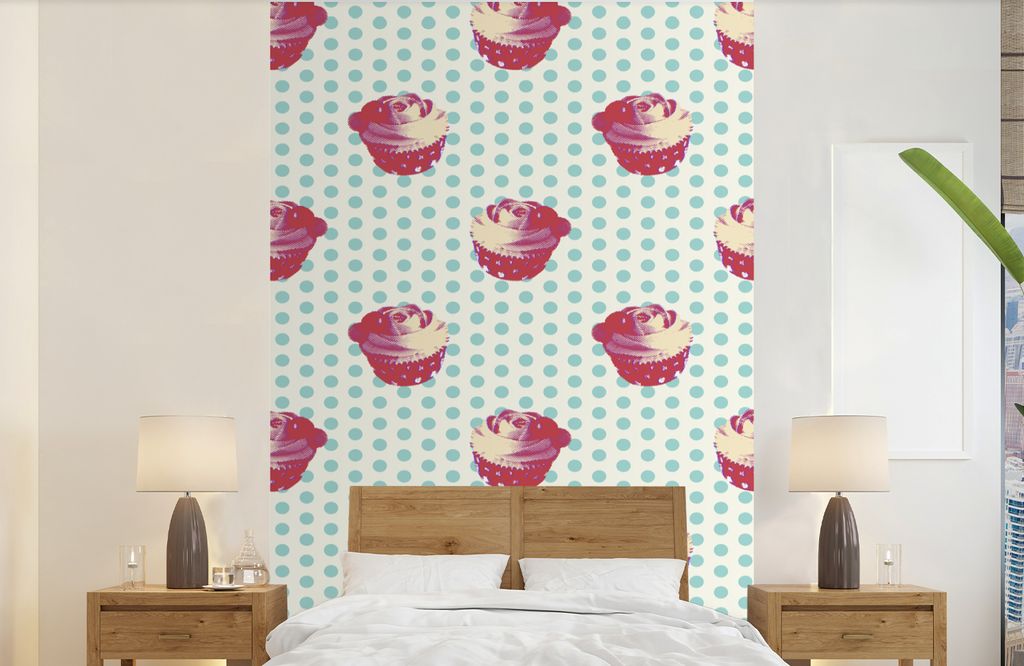 MuchoWow Fototapete für Wohnzimmer oder Schlafzimmer Wandtapete Vinyl Motivtapete Muster - Cupcake - Lebensmittel - 190x300 cm - Kinderzimmer