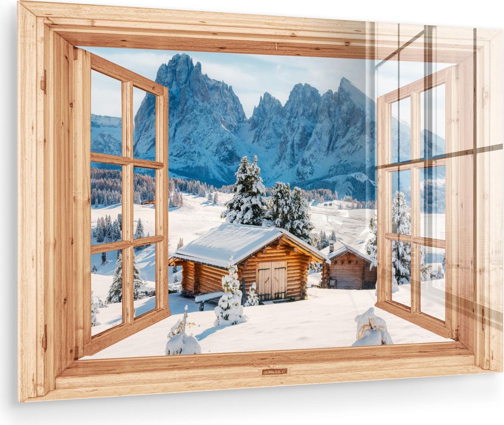 MuchoWow Glasbilder - Bilder auf Wandbild - Foto auf Glas Durchblick - Winterlandschaft - Hütte - Berge - Aussicht 90x60 cm Wanddekoration aus Gla...