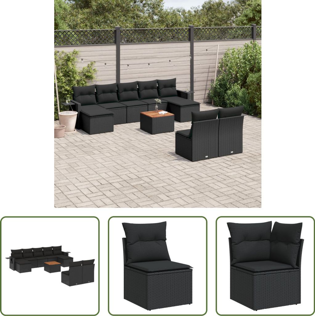The Living Store 10-tlg. Garten-Sofagarnitur mit Kissen Schwarz Poly Rattan