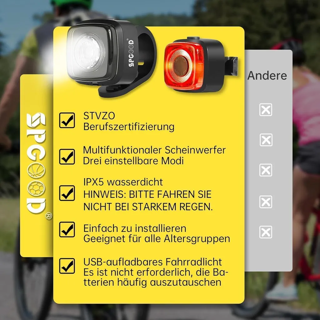 Ensemble lampes vélo LED rechargeables USB et certifiées StVZO sécurité - 6