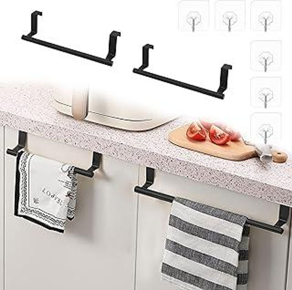 8 Stück Handtuchhalter Schwarz, 2 Geschirrtuchhalter Küche mit 6 Haken Selbstklebend Transparent, Einhängen 23cm Handtuchhalter Küche, Handtuch...