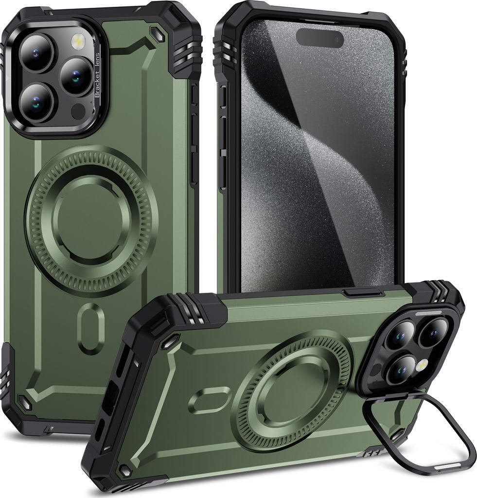 Magnetisch Hülle für iPhone 15 Pro Max, Heavy Duty Militärischer Stoßfest Handyhülle Kamera-Ringständer Grün