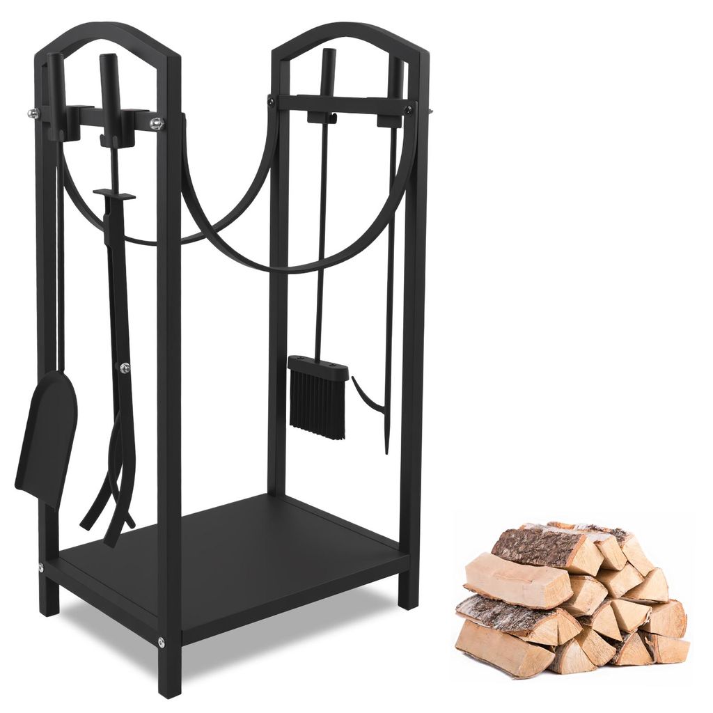 AIORBER Kaminholzregal aus Metall mit Kaminbesteck, stabile Brennholz Aufbewahrung für Innen und Außen, Schwarz
