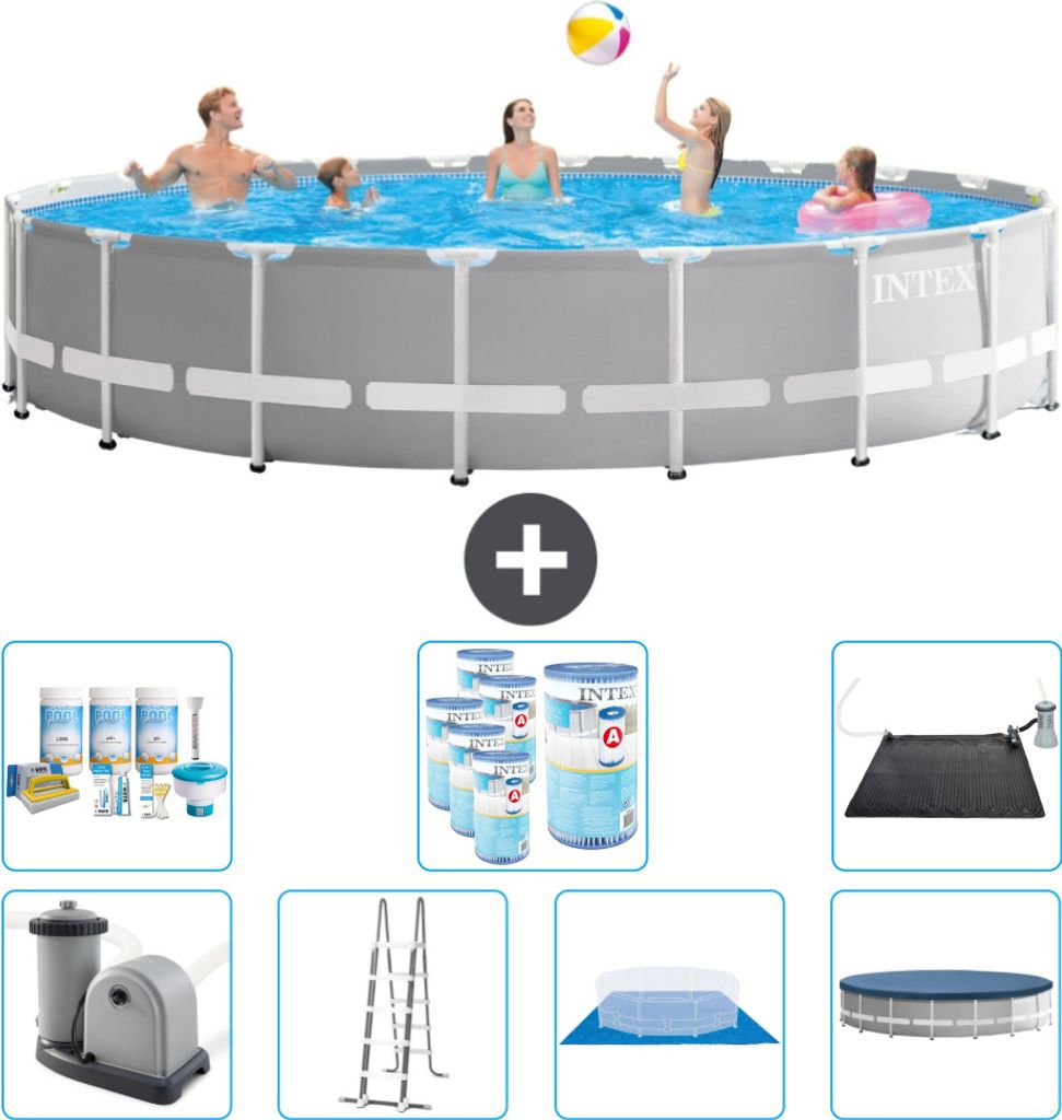 Intex Round Prism Frame Swimming Pool – 610 x 132 cm – Grau – inklusive Pumpe – Leiter – Bodenplane – Abdeckung Wartungspaket - Filter ...
