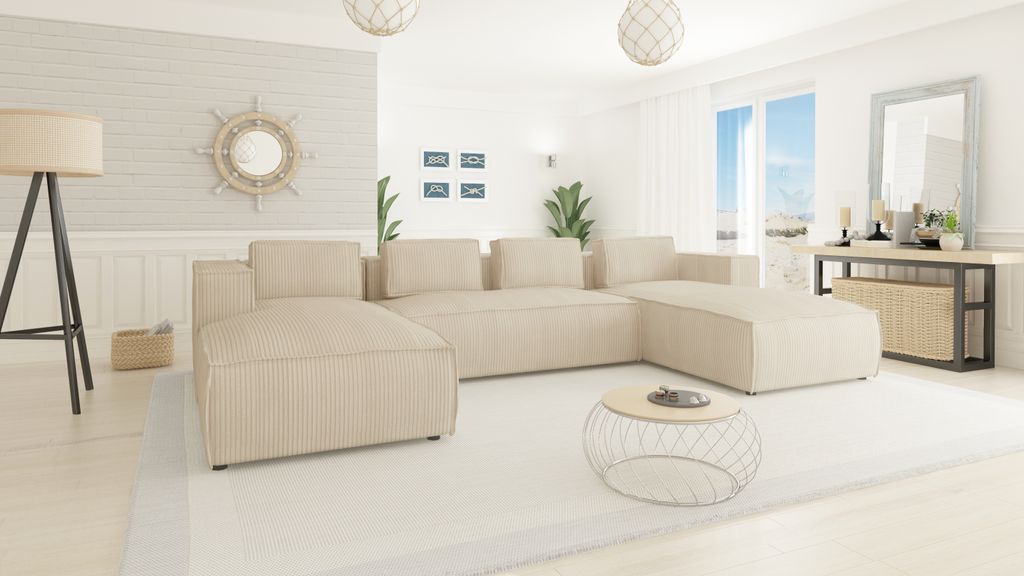 S-STYLE MÖBEL - Moderne Wohnlandschaft Bello aus Beige Cord mit weichem Sitz, B/T/H: 327 cm / 176 cm / 64 cm