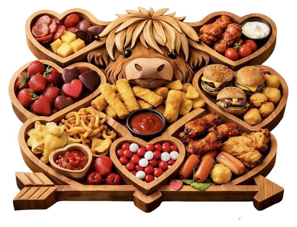 Rustikales Servierbrett aus Holz mit Fächern für Käse, Obst, Snacks und Partys (Hochlandrind)