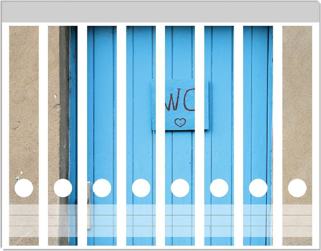 Wallario Ordnerrücken Sticker, selbstklebend für schmale Ordner, 8 Stück, Motiv Blaue Tür einer Toilette in einer verlassenen Fabrik in Magdeburg