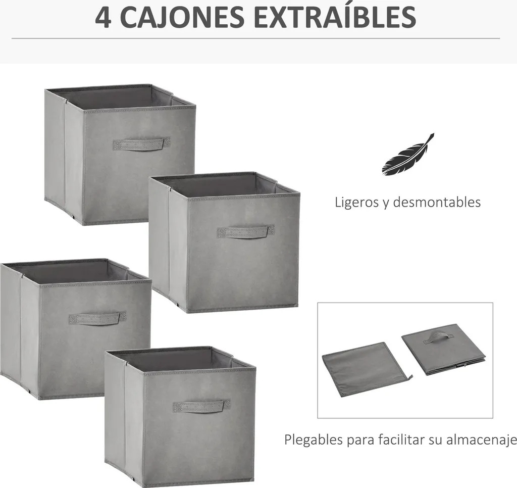 Étagère à 8 compartiments avec 4 boîtes en tissu - Bibliothèque Blanche
