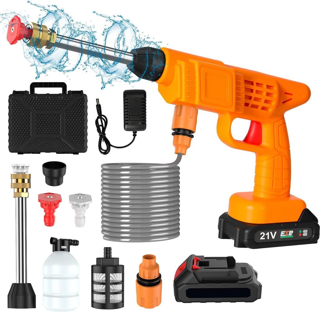Tragbarer Hochdruckreiniger fürs Auto - 21V kabellose Waschpistole - Handgeführt, 5 m Schlauch, Kupferanschluss, inkl. 1 Akku - Orange
