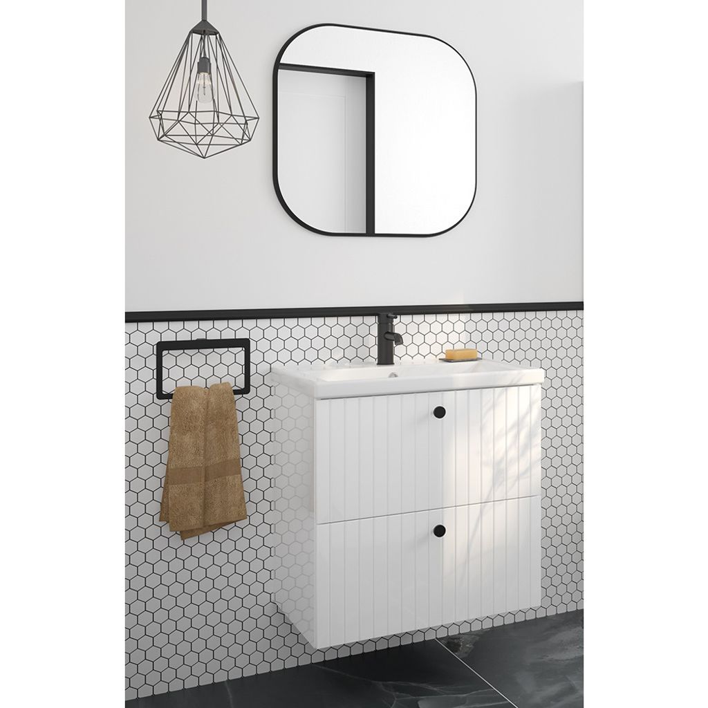 Waschplatz Set 2-teilig, 60 cm Waschtisch und Spiegel, weiß Hochglanz gerillt RIVA-107