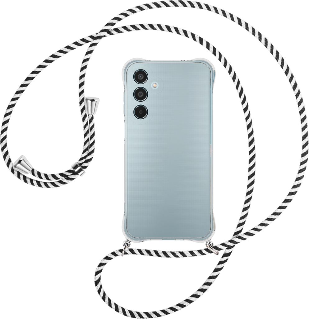 Handykette Backcover-Schutzhülle mit Band (Metall silberfarben) für Samsung Galaxy M35 5G - schwarz/weiß gestreift