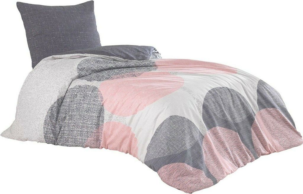 2 tlg Baumwolle Renforce Bettwäsche 155x220 + 80x80 anthrazit rosa Kreise Wendefunktion Leron