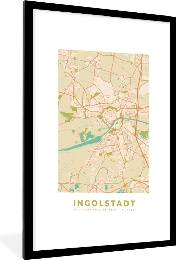 MuchoWow Gerahmtes Poster Ingolstadt - Karte - Stadtplan - Vintage 60x90 cm - Poster mit Schwarzem Bilderrahmen Wandposter Rahmen Foto Bilder - D...