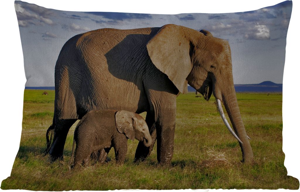 MuchoWow Outdoor Kissen - Elefant - Tiere - Grasland - Grün - Grau - 50x30 cm - Wetterfest - Lounge Kissen - Sofa kissen - Wohnzimmer Dekoration