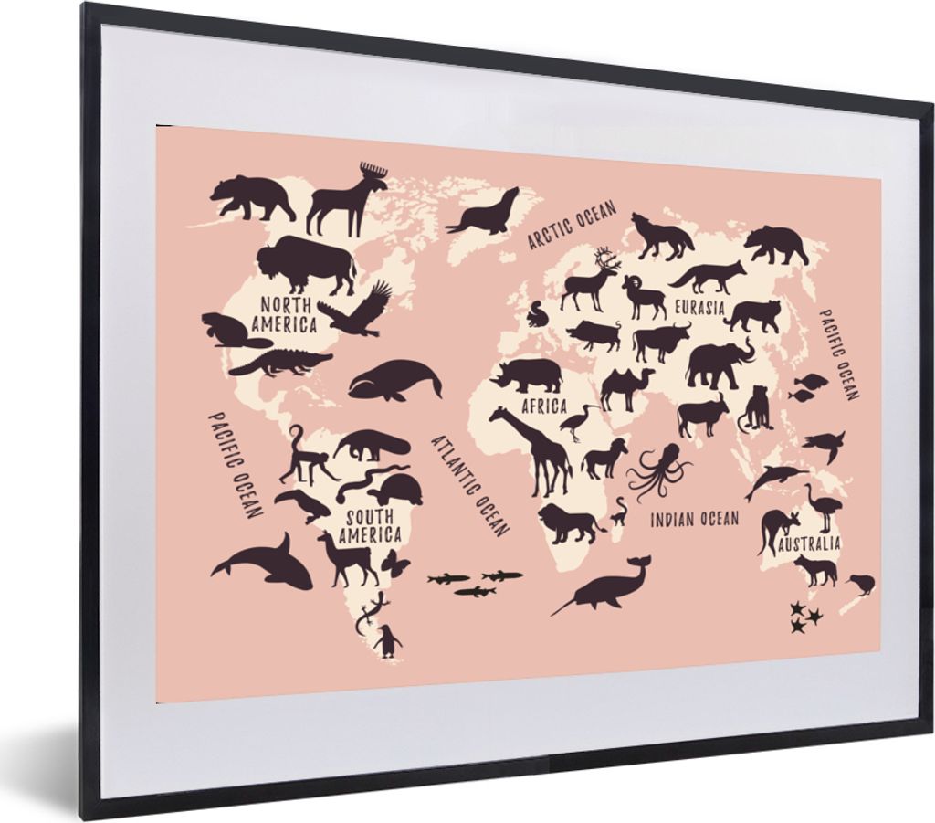 MuchoWow MuchoWow Gerahmtes Poster Weltkarte - Rosa - Tiere 60x40 cm - Poster mit zchwarzem Bilderrahmen - Schlafzimmer - Plakat in Rahmen - Dr...