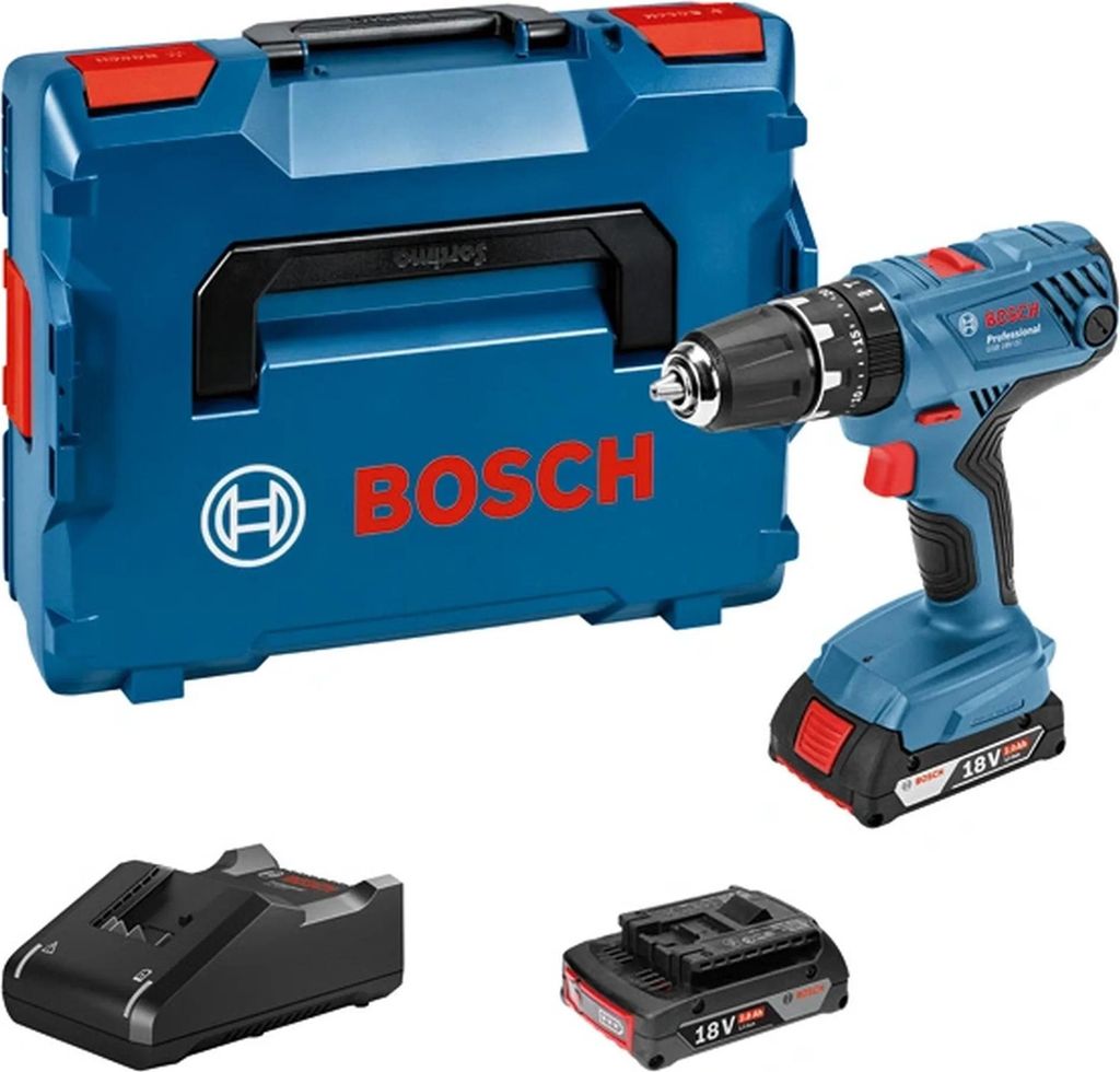 A Bosch cordless hammer drill with its case, battery, and charger, displayed on a white background.