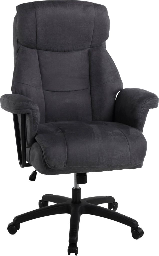 A dark gray office chair with a black base and wheels, shown against a white background.