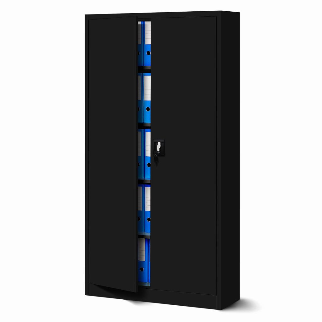 A black metal storage cabinet with its doors open, revealing several blue binders on shelves.