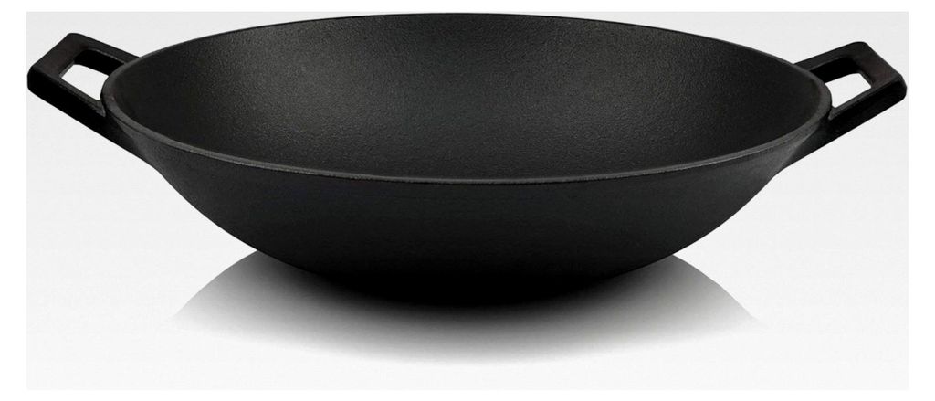 Gusseisen Wokpfanne Ø 35,5 cm | bereits eingebrannt | Wok mit flachem Boden | Gusspfanne für Gasgrill und Elektroherd | induktionsgeeignet, therm...