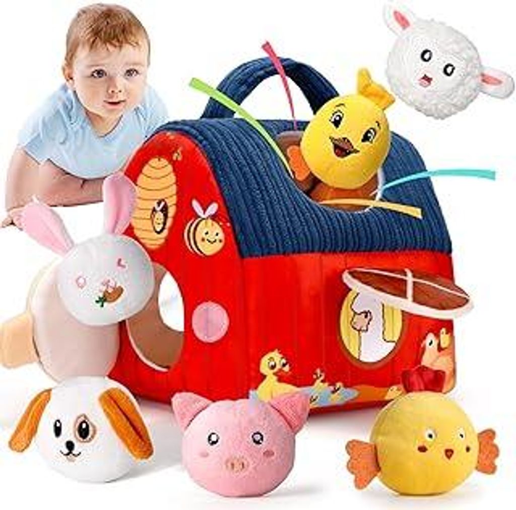 Baby Montessori Spielzeug ab 6 Monate 1 Jahr, Kinder Sensorikspielzeug mit Scheune & 6 Tierrasseln vom Bauernhof, Rassel und Spiegel-Geschenk Baby ...