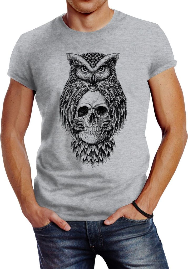 Herren T-Shirt Eule Totenkopf Owl Skull Schädel Slim Fit Neverless grau 4XL