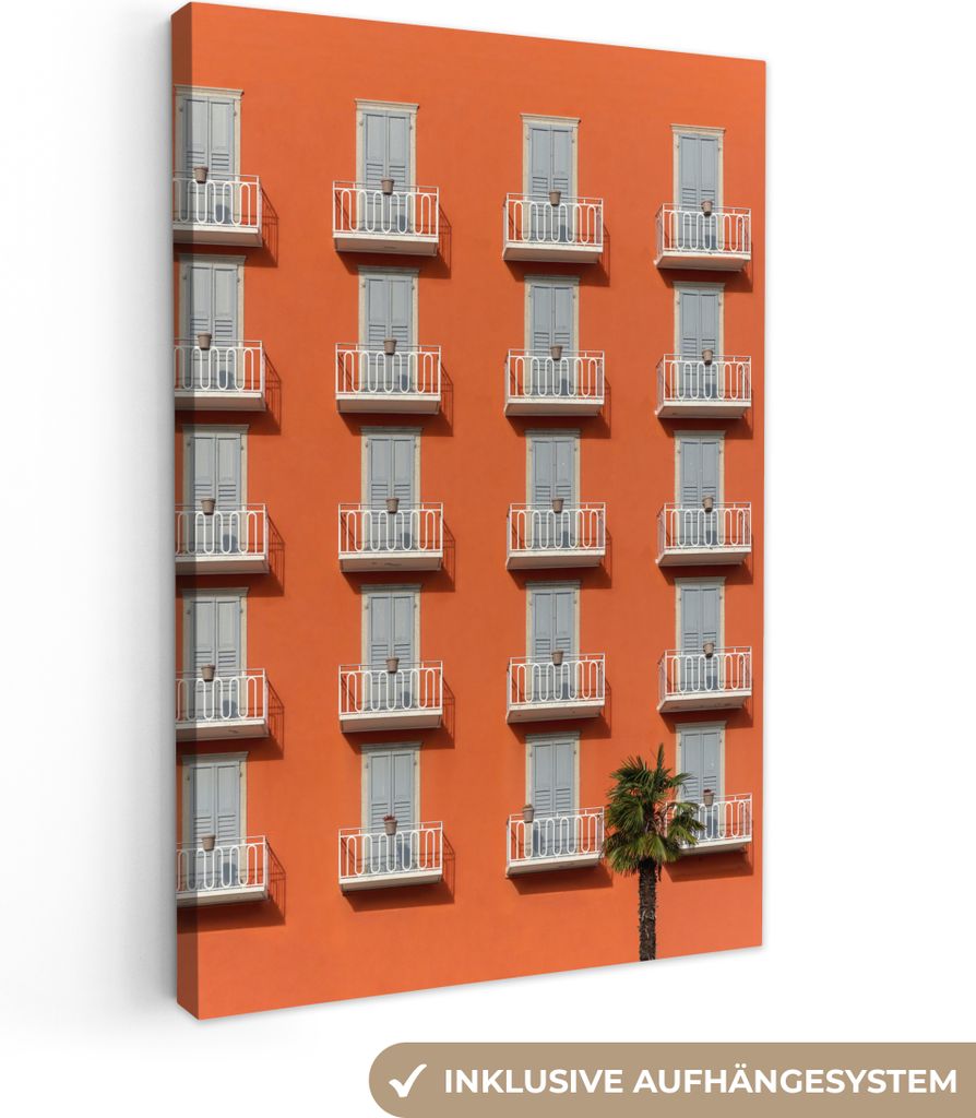 OneMillionCanvasses - Leinwandbilder - 90x140 cm, Tür - Balkon - Architektur - Palme - Orange, Wandbilder Kunstdruck Wanddekoration - Foto auf L...