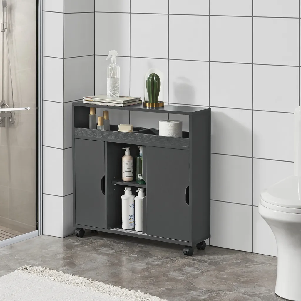 Armoire en niche grise pour ranger vos produits de bain sans encombrer