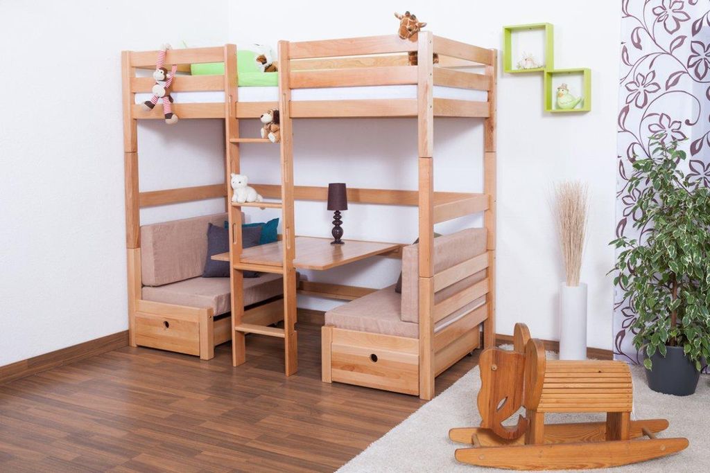 Kinderbett / Etagenbett / Funktionsbett Tim (umbaubar zu einem Tisch mit Bänken oder zu 2 Einzelbetten) Buche massiv natur inkl. Rollrost - 90 x 2...