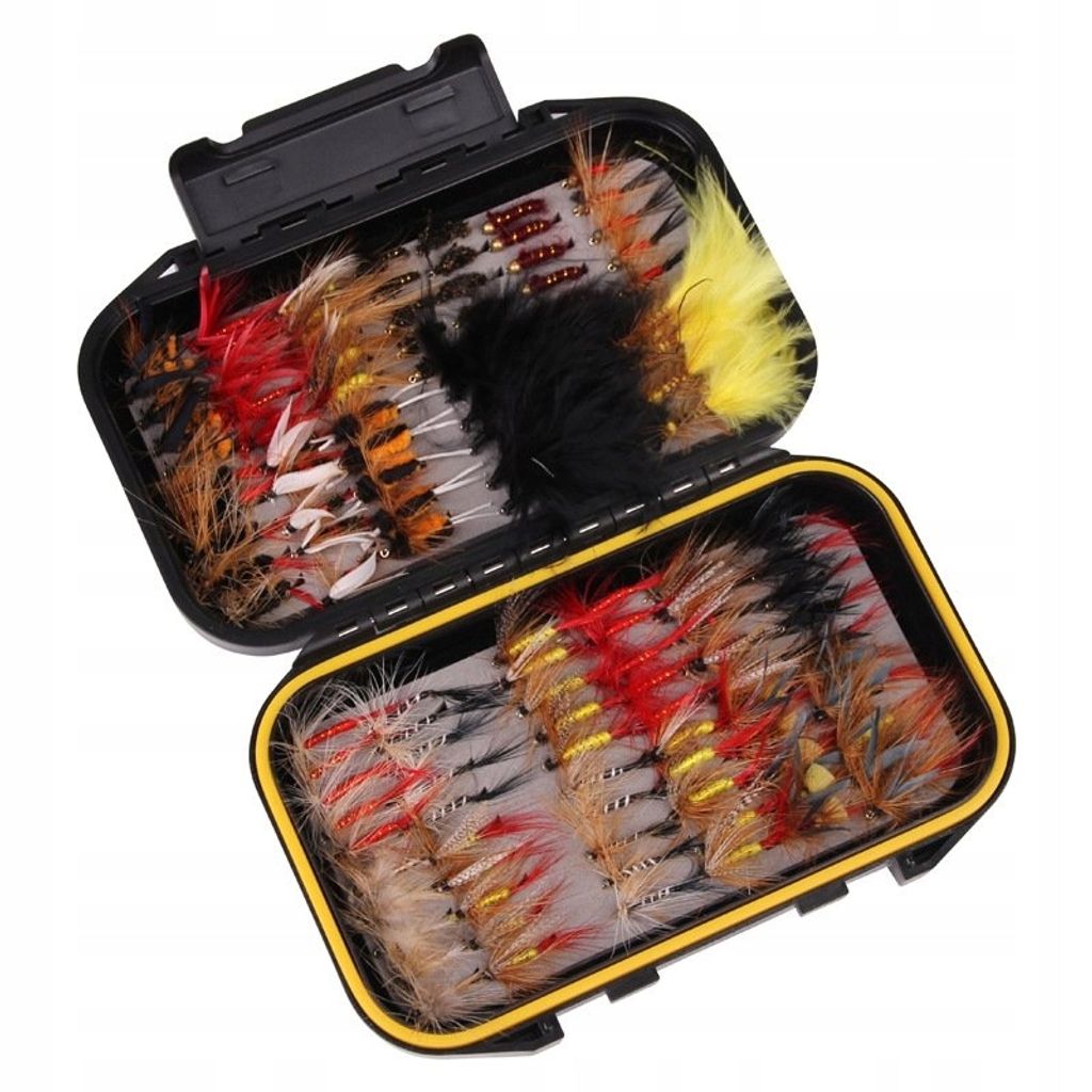 Fliegenköder-Set Forelle, Äsche, Lachs, Barbe, Rotauge, Nymphe, Eintagsfliege, 120 Stück im Karton