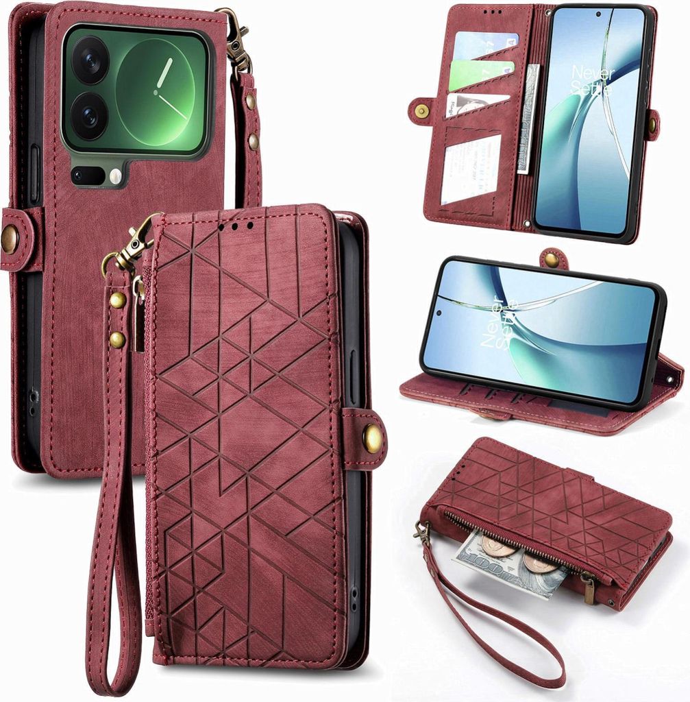 Für Xiaomi 17 Pro Max Geometric Kunstleder Zipper Book Wallet Hülle Tasche Rot