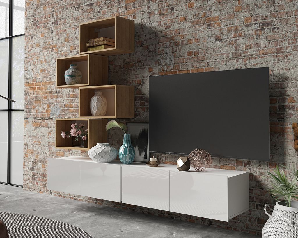 Wohnwand Amanda XVII Wohnzimmer-Set mit Bücherregale Anbauwand TV Möbel (Weiß matt + Weiß Hochglanz Fronten / Goldene Eiche)